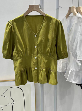 夏季新款女士衬衫上衣V领收腰短袖灯笼袖蓝色白色抹茶绿开襟百搭
