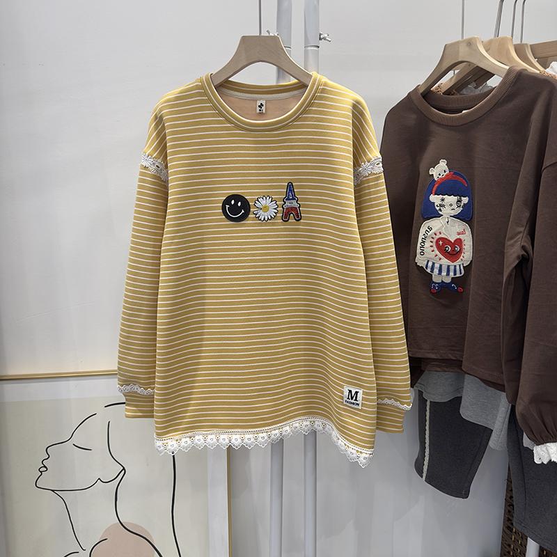 彩色豆豆家冬季中长款T恤黄色条纹加绒保暖打底上衣打底衫长款