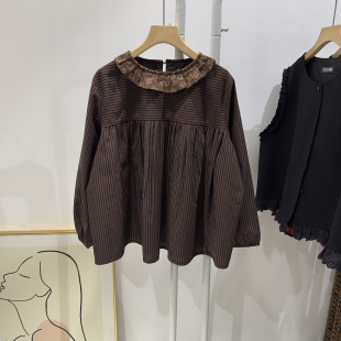 森女系文艺风 女套头款 彩色豆豆家原创设计咖啡色条纹长袖 娃娃衫