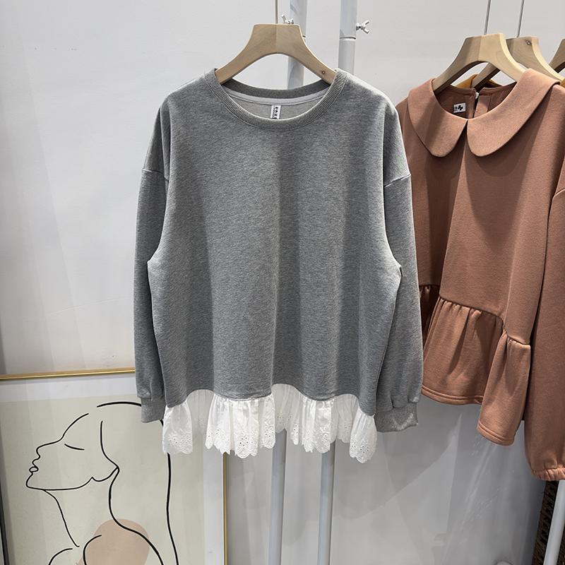 蕾丝拼接卫衣彩色豆豆家棉混纺