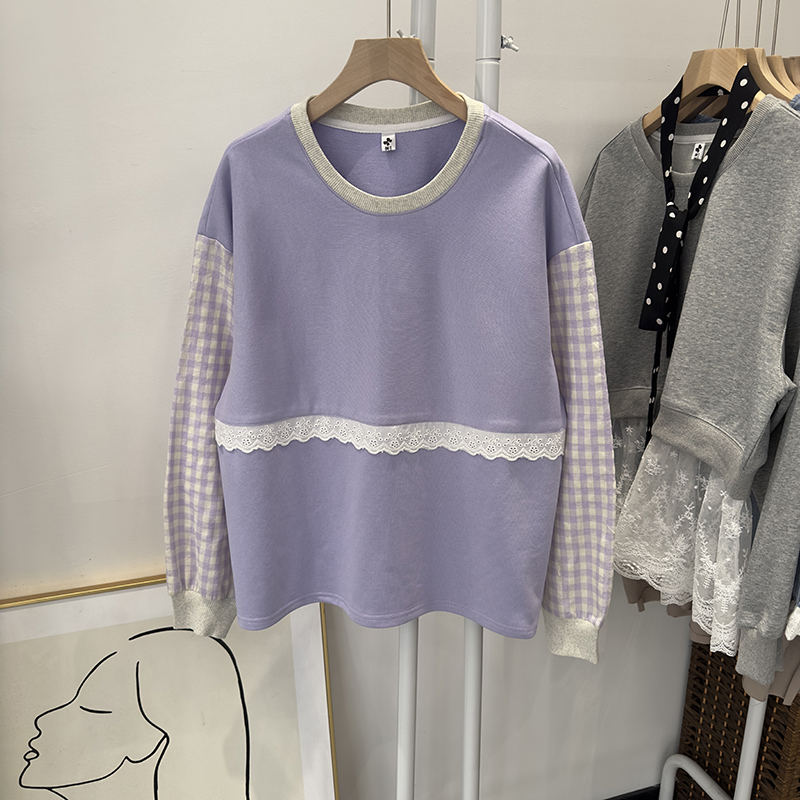 彩色豆豆家紫色格纹拼接长袖T恤