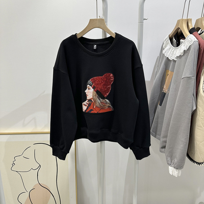 秋冬黑色棉毛圈红帽套头卫衣女