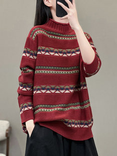 花概念复古民族风条纹半高领提花针织衫宽松休闲百搭秋冬打底毛衣
