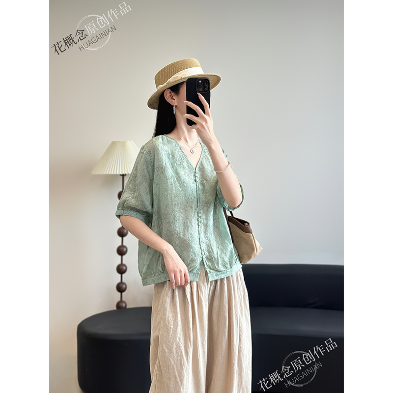 花概念亮晶晶苎麻开衫上衣设计款小众麻料衫文艺复古气质显瘦短袖