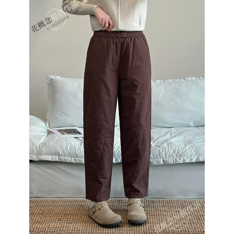 花概念复古纯色夹棉加厚保暖棉裤秋冬新款松紧腰休闲百搭哈伦裤