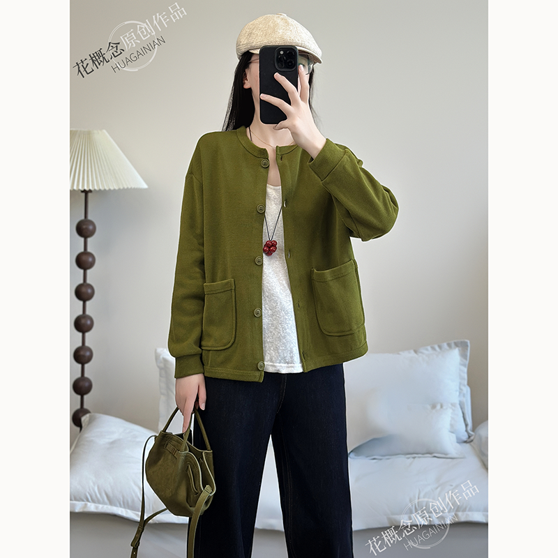 开衫双口袋新款圆领休闲百搭上衣