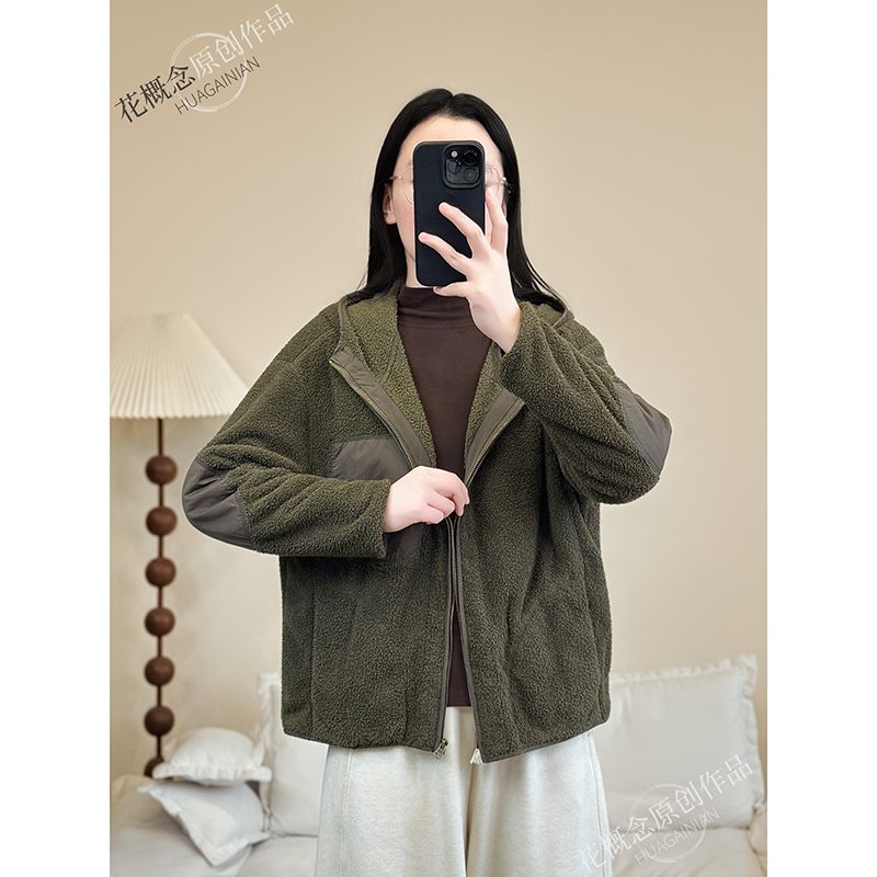 花概念复古设计感连帽颗粒绒外套韩版保暖松弛感拼接撞色拉链棉服