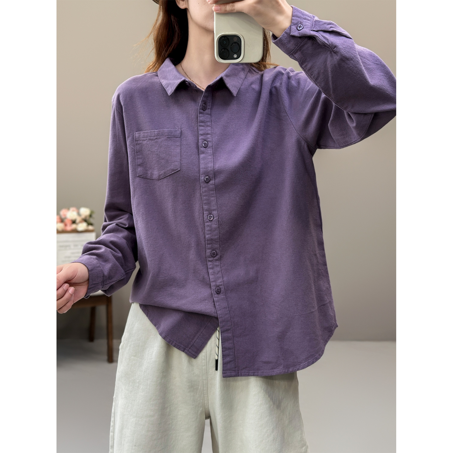 花概念纯色纯棉翻领长袖衬衫