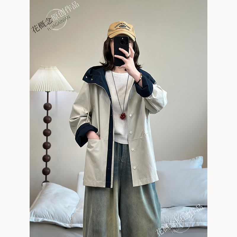 连帽撞色风衣外套上衣