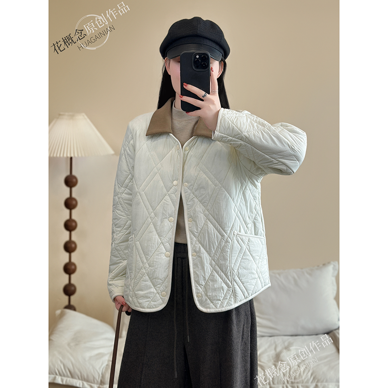 可脱卸领撞色菱形格棉服外套