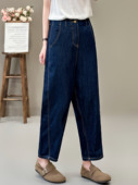 百搭宽松休闲九分镰刀裤 花概念深蓝复古通勤牛仔香蕉裤 女春夏时尚