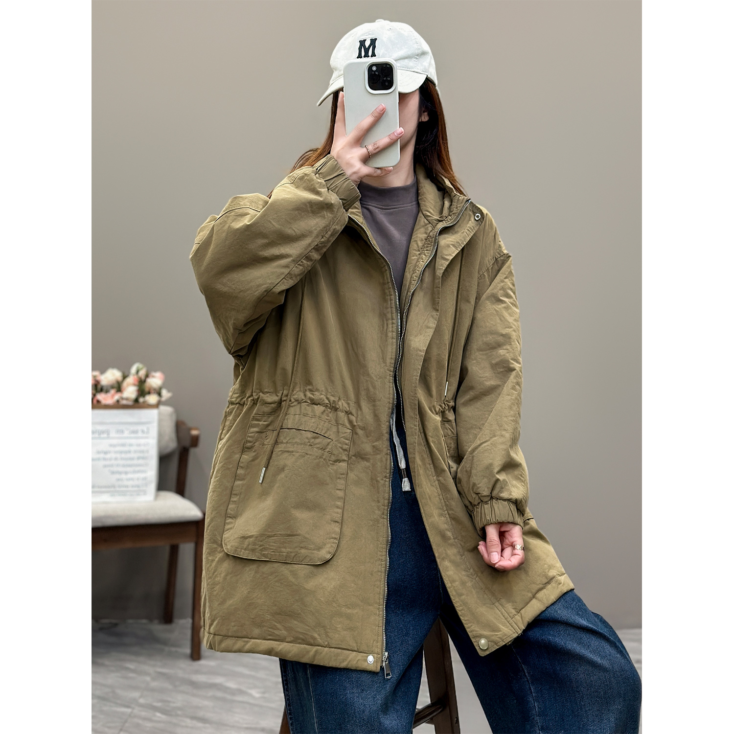 花概念中长款连帽夹棉派克服外套