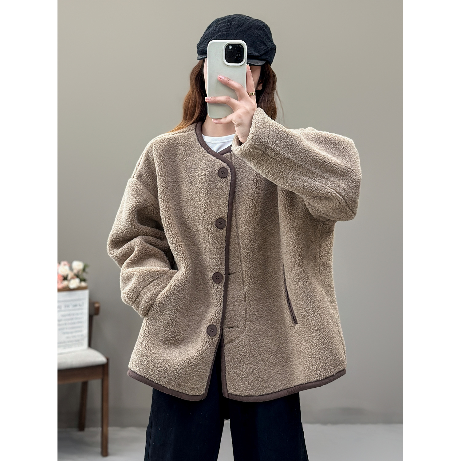 花概念文艺复古仿羊羔毛外套