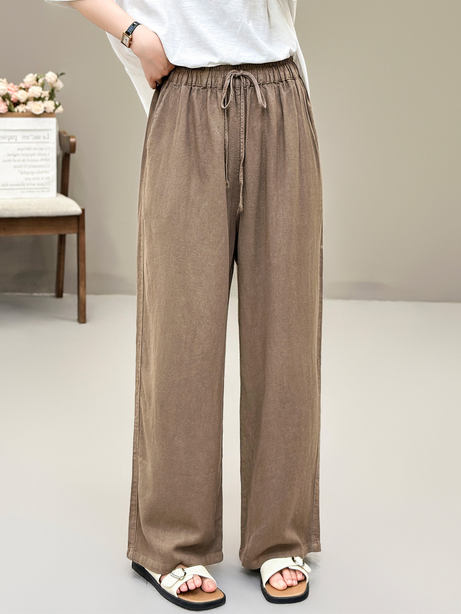 花概念通勤休闲时尚百搭棉麻直筒裤夏气质显瘦显高拖地长裤防蚊裤