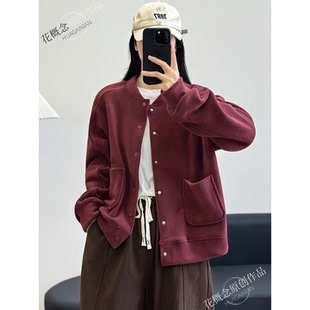 花概念加绒加厚双面绒圆领棒球服外套女秋冬百搭显瘦摇粒绒开衫女