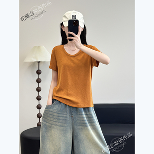 棉T恤女百搭休闲小个子简约纯色打底上衣 花概念百搭双线设计短袖