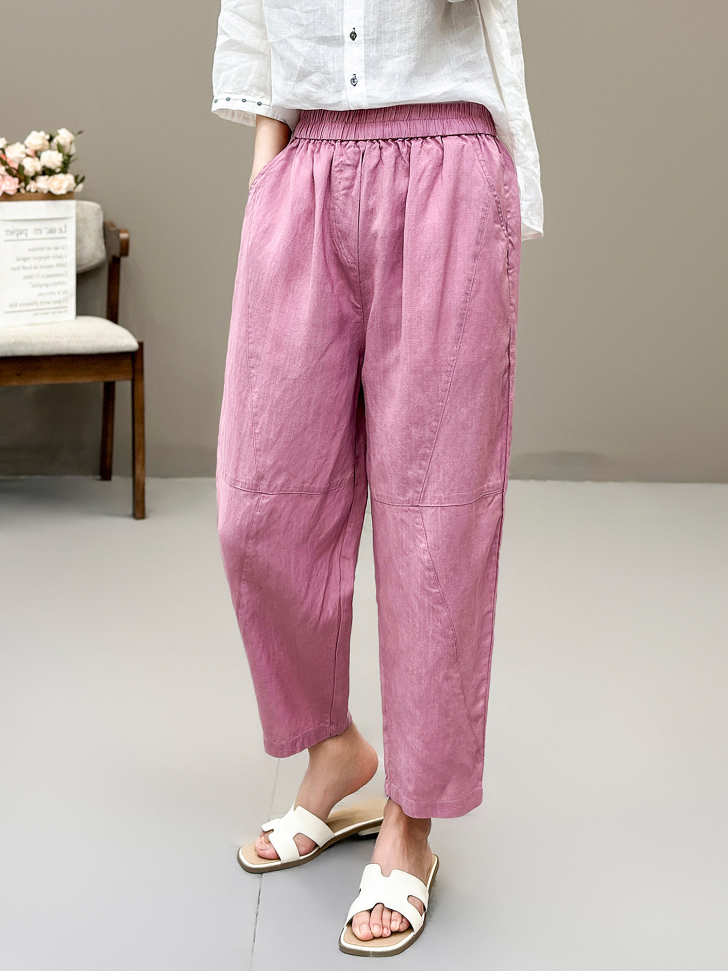 花概念夏季莱赛尔亚麻哈伦裤文艺范纯色百搭宽松休闲薄款九分裤女,女装/女士精品,休闲裤,淘宝优惠券,粉丝福利购,淘宝优惠卷