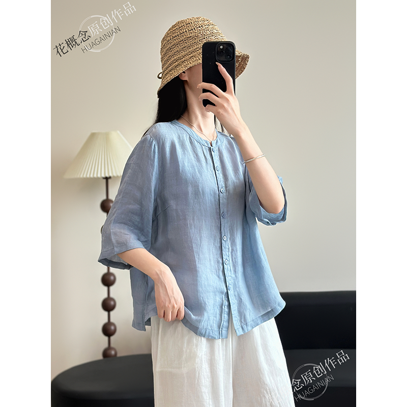花概念【斜纹100苎麻】七分袖短袖衬衫女夏季新款宽松休闲T恤麻料