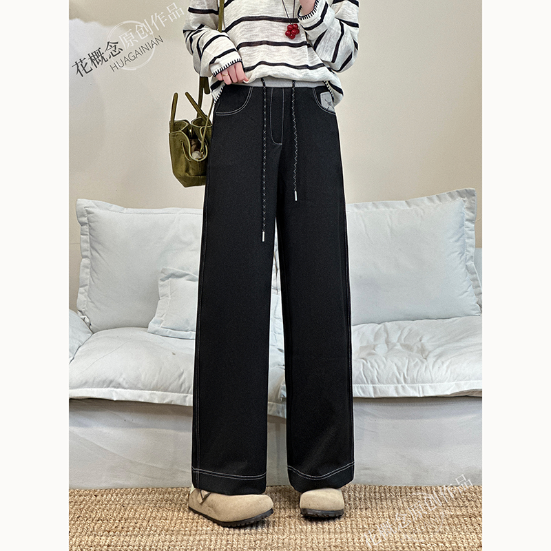 花概念秋季新款高腰抽绳休闲裤