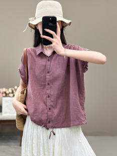 花概念翻领纯色亚麻短袖衬衫女通勤休闲百搭抽绳落肩袖T恤上衣夏