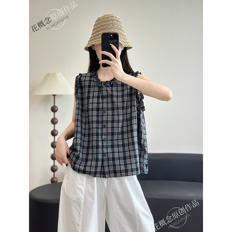 花概念新款格子无袖衬衫