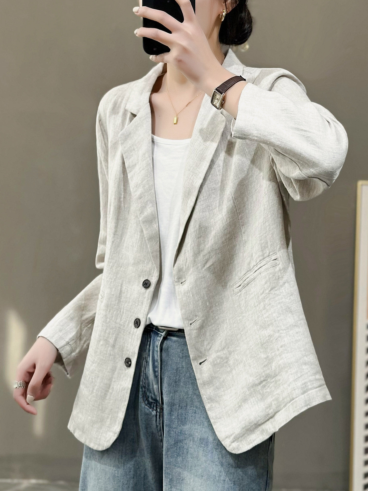 花概念纯色亚麻西装外套女春季新款复古文艺宽松休闲百搭短外套