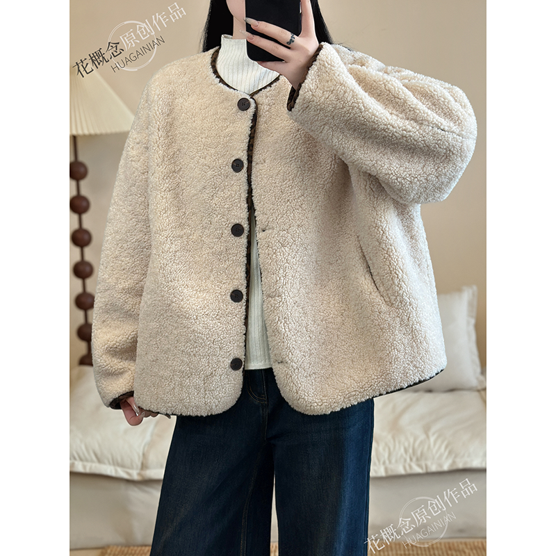 花概念宽松加厚羊羔毛外套韩版气质慵懒风显瘦加厚开衫上衣设计款