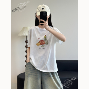 棉T恤女夏季 花概念设计感圆领短袖 宽松百搭休闲南瓜印花文艺上衣