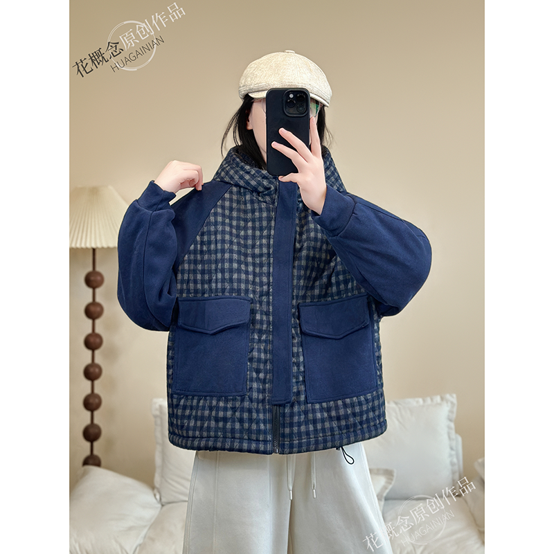 花概念复古简约加绒加厚两面穿连帽格纹小个子慵懒风显瘦外套