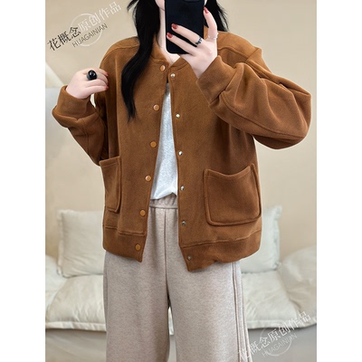 花概念老钱风毛呢棒球服外套女秋季设计感百搭通勤单排扣上衣