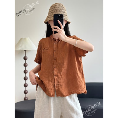 花概念砂洗亚麻衬衫短袖柔软透气宽松大码复古文艺麻料T恤上衣女