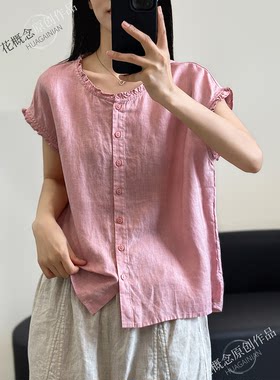 花概念设计感亚麻衬衫女夏季新款