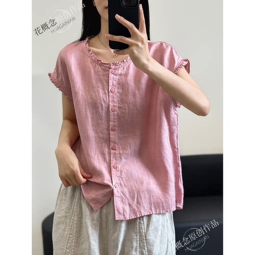 花概念设计感亚麻衬衫女夏季新款