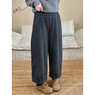 加绒保暖日系松弛木耳边灯笼裤 花概念复古文艺花苞毛呢阔腿裤 冬季