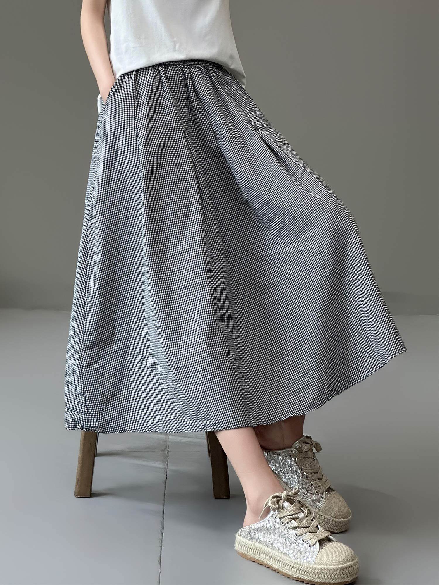 花概念春夏小清新田园风格子半身裙文艺气质百搭显瘦伞裙a字长裙