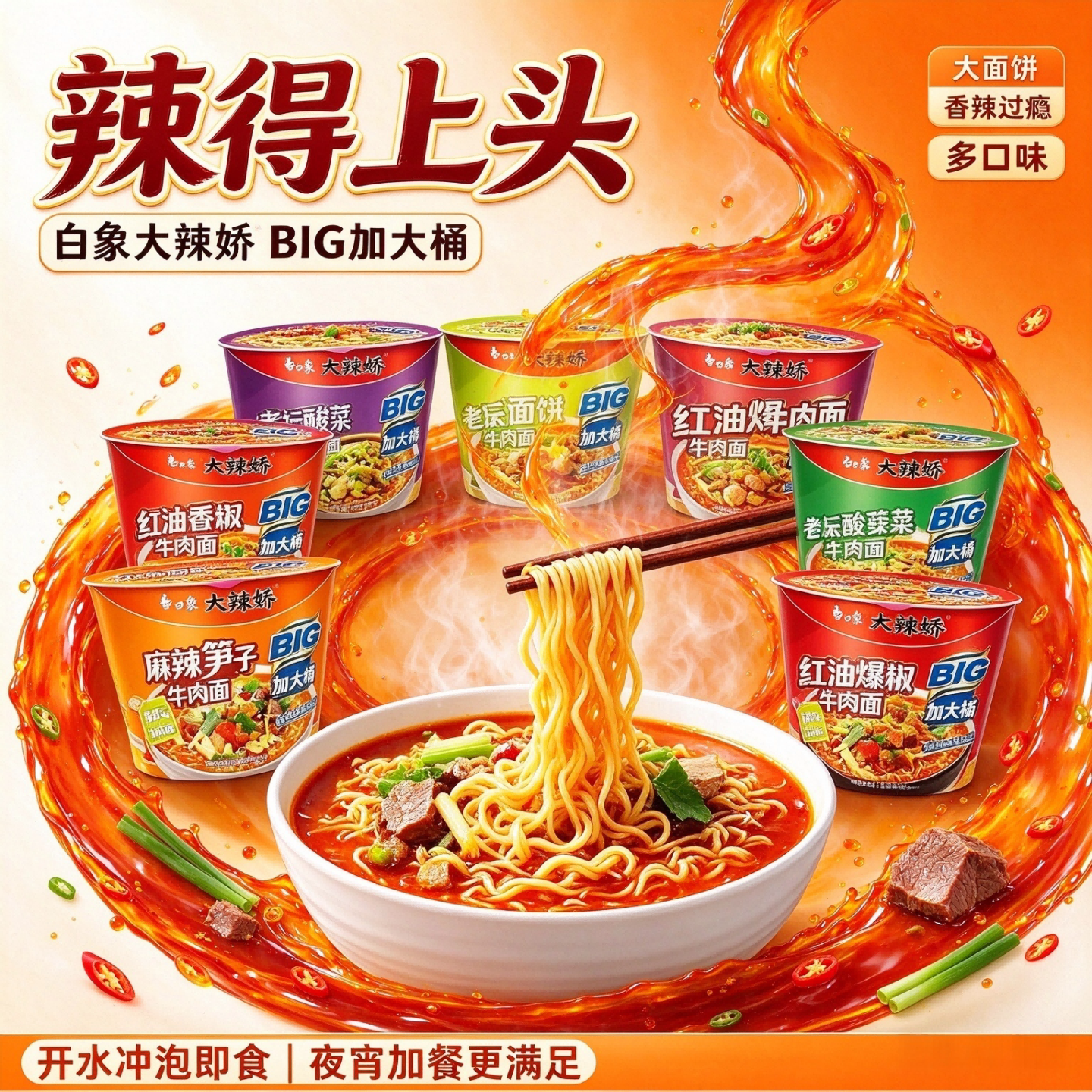 【3桶】白象大辣娇BIG加大桶装方便面多口味开水冲泡即食正餐