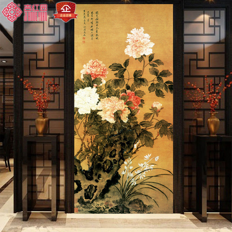 清代马逸国色天香图玄关走廊养生馆会所背景墙宣绒纸无缝壁画壁纸