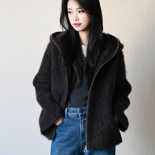 【拉毛大衣 臻绒暖织】连帽拉链短款大衣 气质慵懒羊绒羊毛外套女