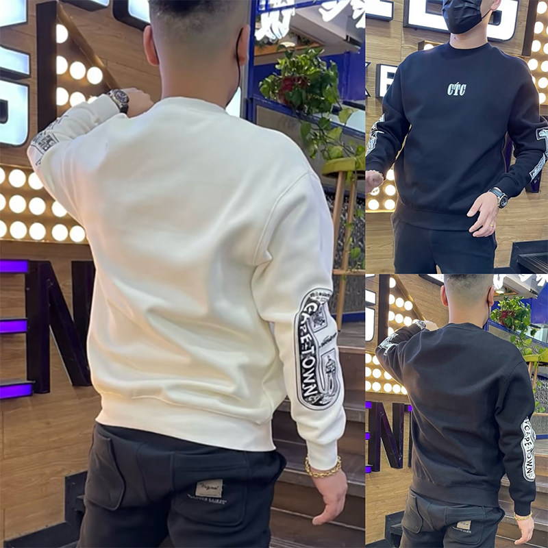 宽松圆领卫衣男2023秋冬简约印花加绒打底衫潮流休闲舒适上衣外套