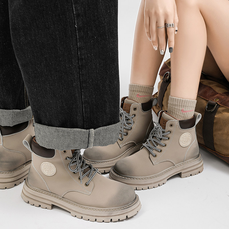 LEATHER MARTIN BOOTS MENS HIGH-TOP WORKWEAR RETRO TRENDY SHOES OUTDOOR HEIGHTENED THICK-SOLED SPRING AND AUTUMN MID-TOP WOMENS HOMO RHUBARB BOOTS