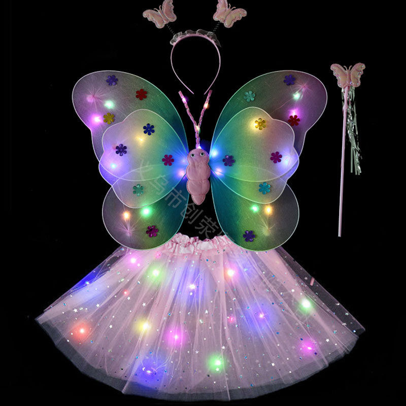 发光蝴蝶翅膀三件套背饰幼儿园舞会表演出道具摆地摊拍照玩具