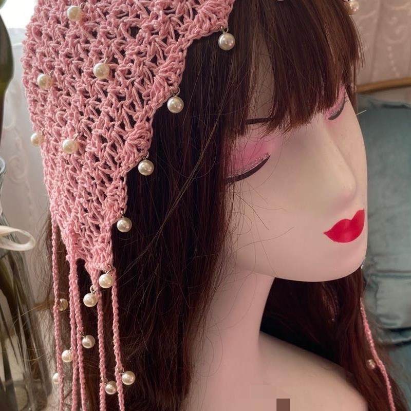 春夏手工帽子女珍珠流苏民族风钩针织帽复古镂空包头帽百搭头巾帽
