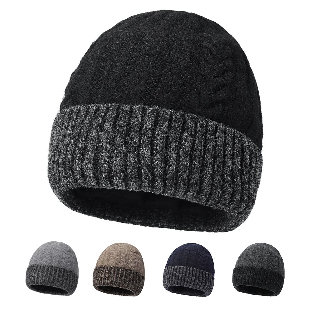 冬季简约双色拼接光板毛线帽绵羊绒保暖护耳包头粗线针织帽跨境