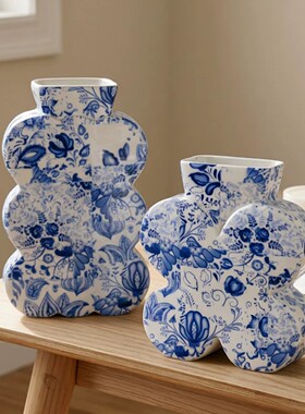 青花瓷新中式古典客厅茶几花器工艺品花瓶居家装饰摆件青花瓷高级