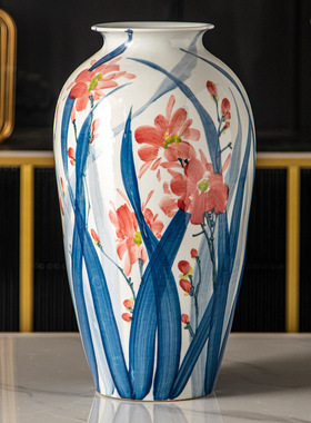 景德镇手绘新中式陶瓷花瓶花卉白瓷蓝红三色客厅装饰陶瓷花瓶摆件