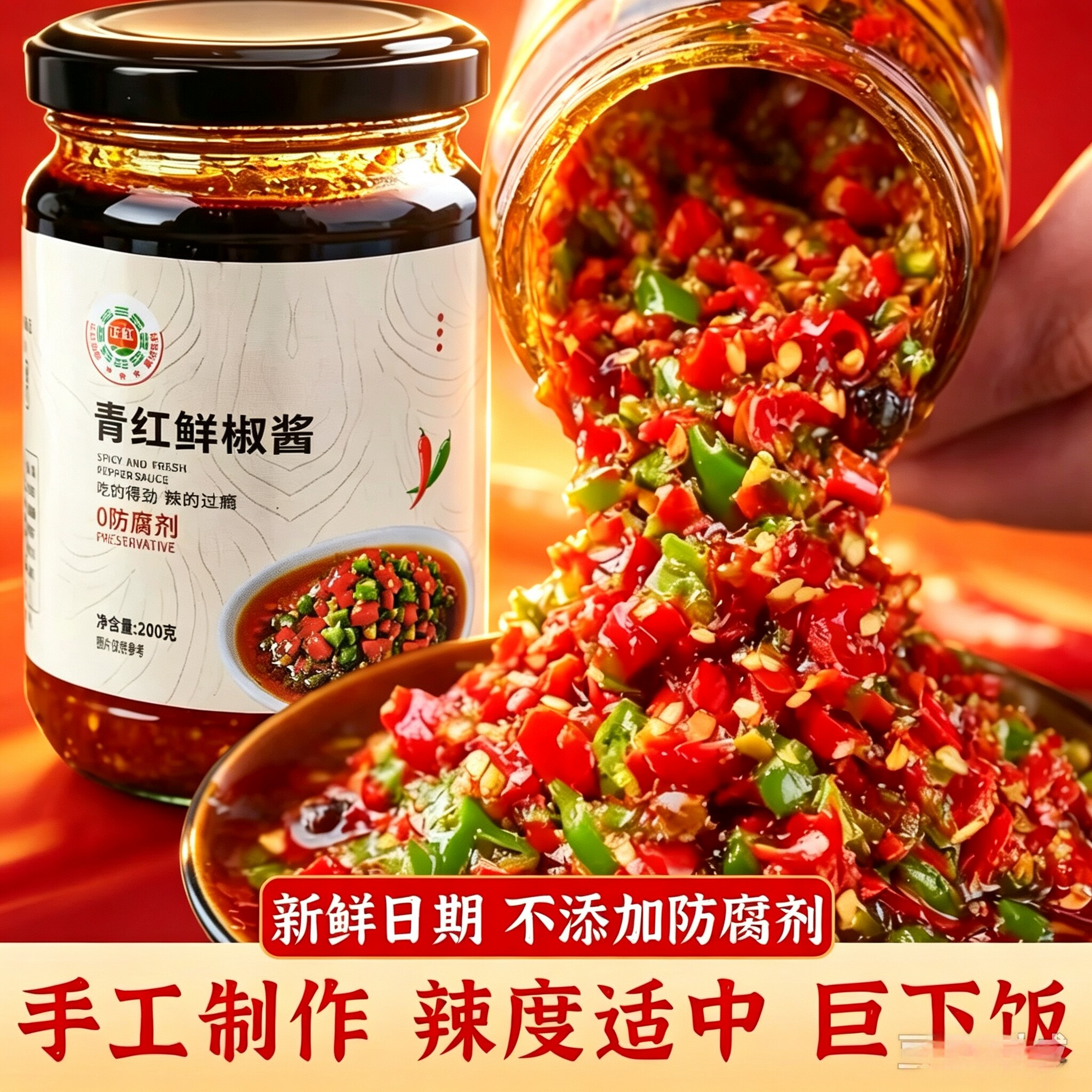 青红辣椒酱下饭菜彩椒蒜蓉鲜椒拌饭拌面四川调味夹馍辣椒200克/瓶