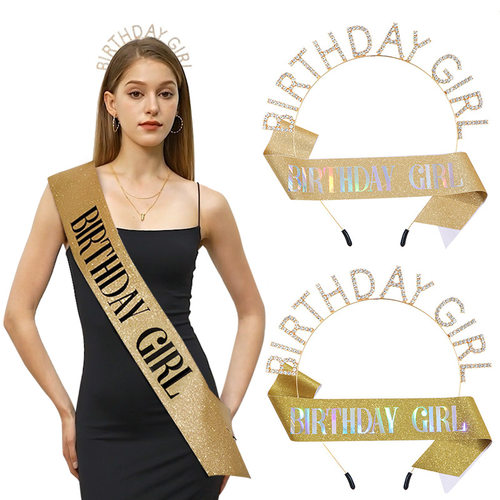 时尚生日派对BIRTHDAY GIRL发箍肩带套装 女孩头箍头饰绶带礼仪带