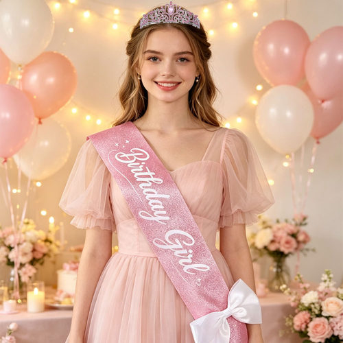 粉色闪粉Birthday Girl生日绶带蝴蝶结女生生日派对拍照礼仪肩带
