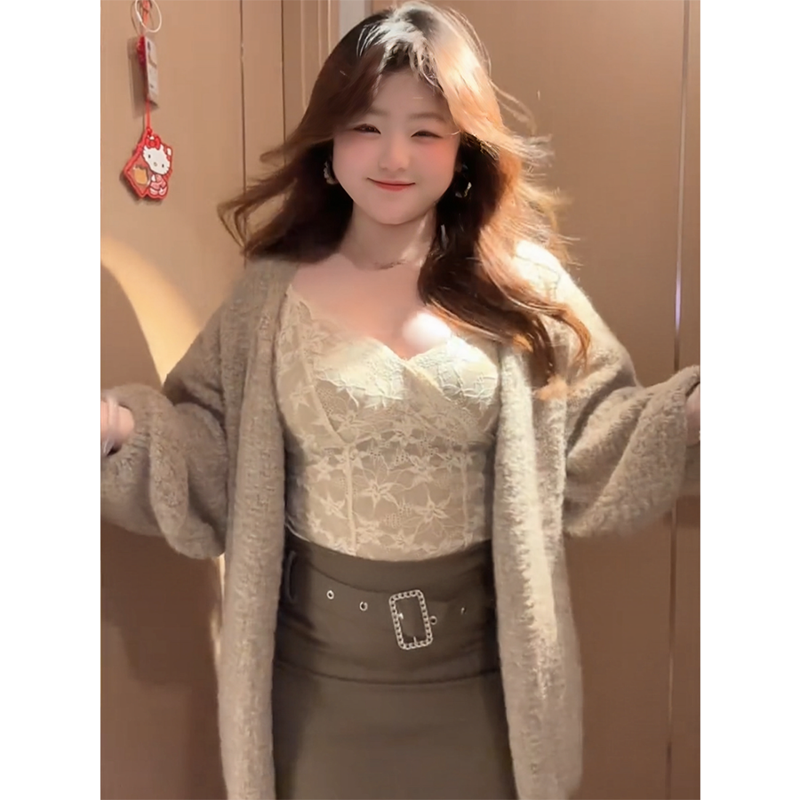 大码胖mm韩式纯欲风针织毛衣开衫加蕾丝吊带加包臀半身裙三件套装