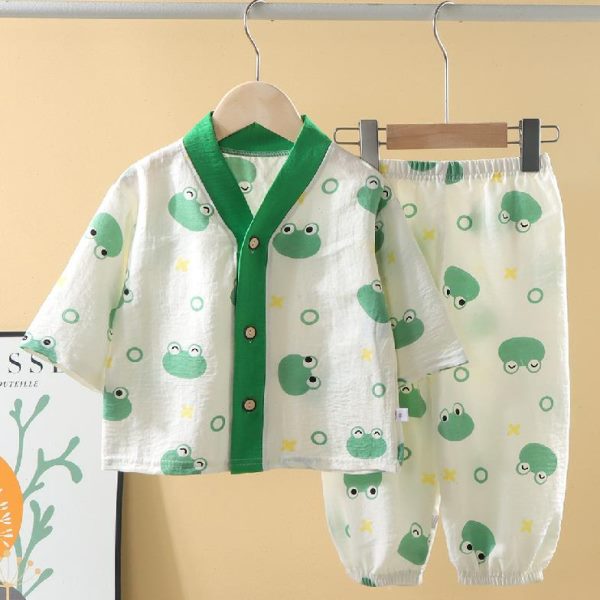 睡衣纱婴儿衣服夏开衫儿童空调服男童女棉麻季薄款棉宝宝夏装